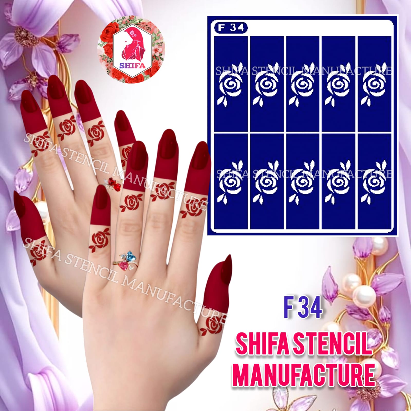 F 34 Classic Rosette Sticker Overview Henna Stencil - Shifa Stencil